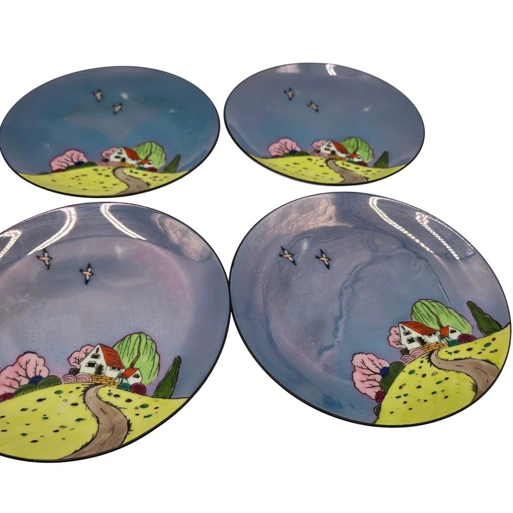 Vintage Noritake Hand Painted Lusterware Cottage Landscape Plates Set of 6 Japan